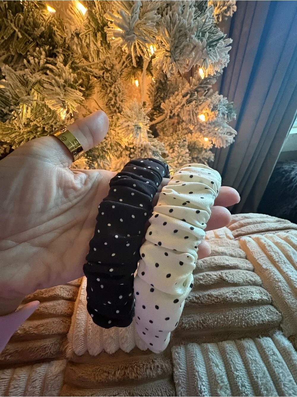 Fashion set of 2 Polka Dot Double Headband Set — Black & Cream